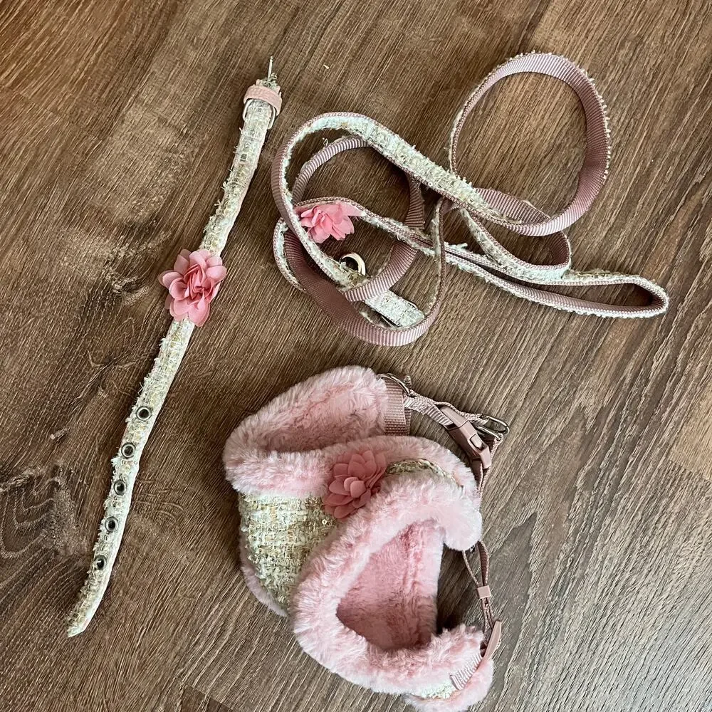 Tweed & Faux Fur Three Piece Harness, Collar & Leash Set  Size S